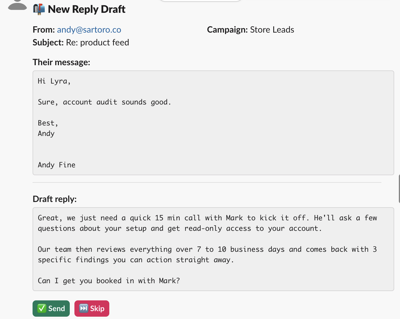 Cold email autoreply agent generating a draft reply to a prospect who accepted an account audit offer, steering toward a booked meeting